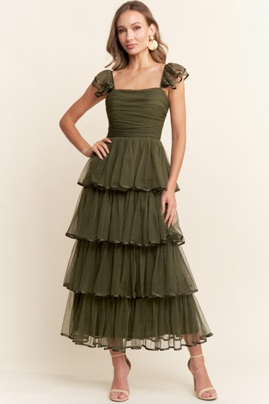 OLIVE TULLE LAYERED DRESS