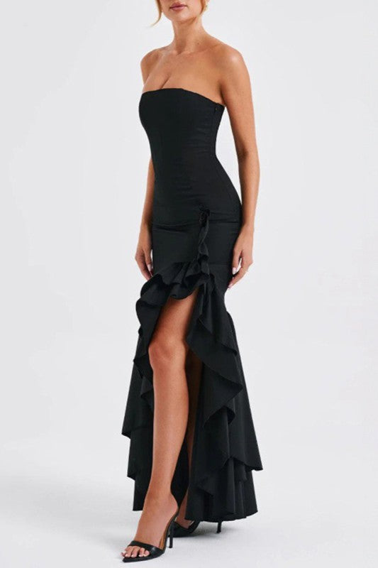 BLACK RUFFLED SLIT DRESS