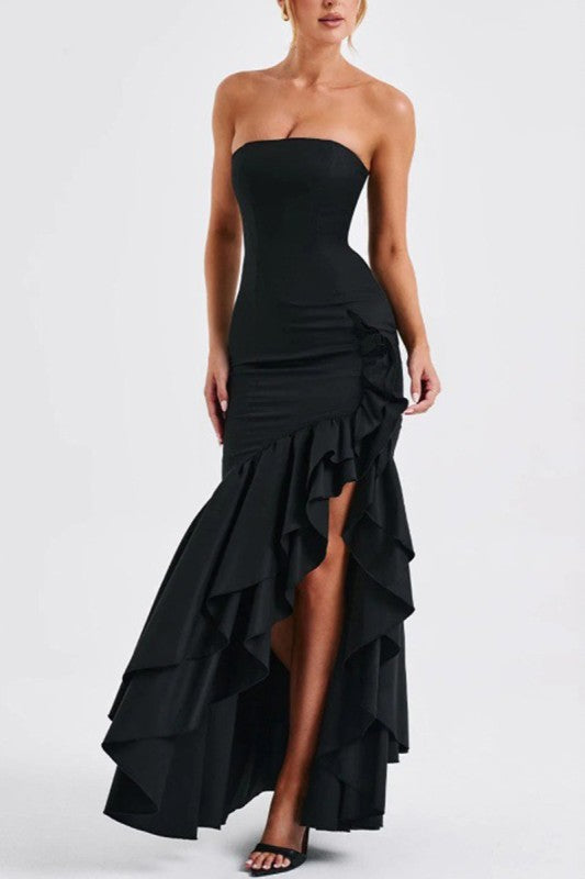 BLACK RUFFLED SLIT DRESS