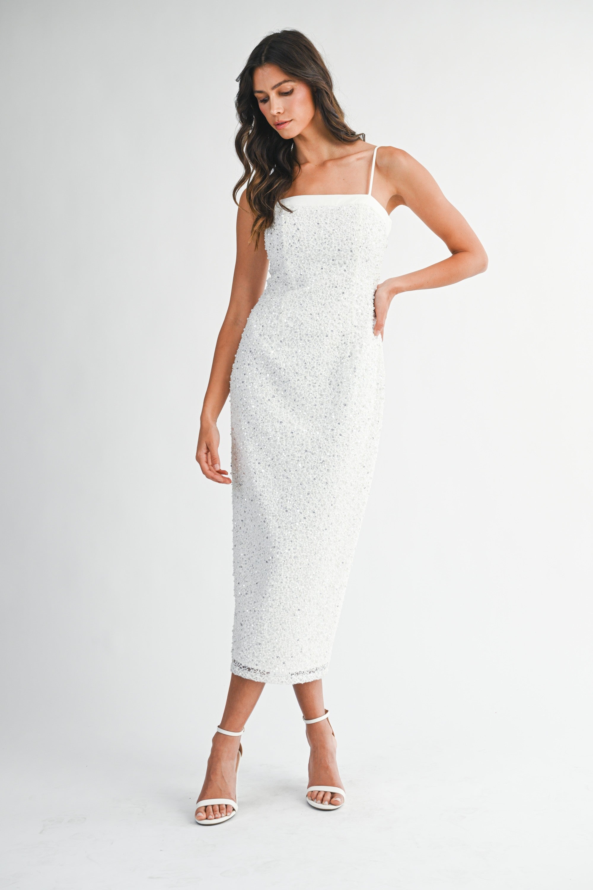SEQUIN AND PEARL BEADED BODYCON MIDI DRESS LARGE