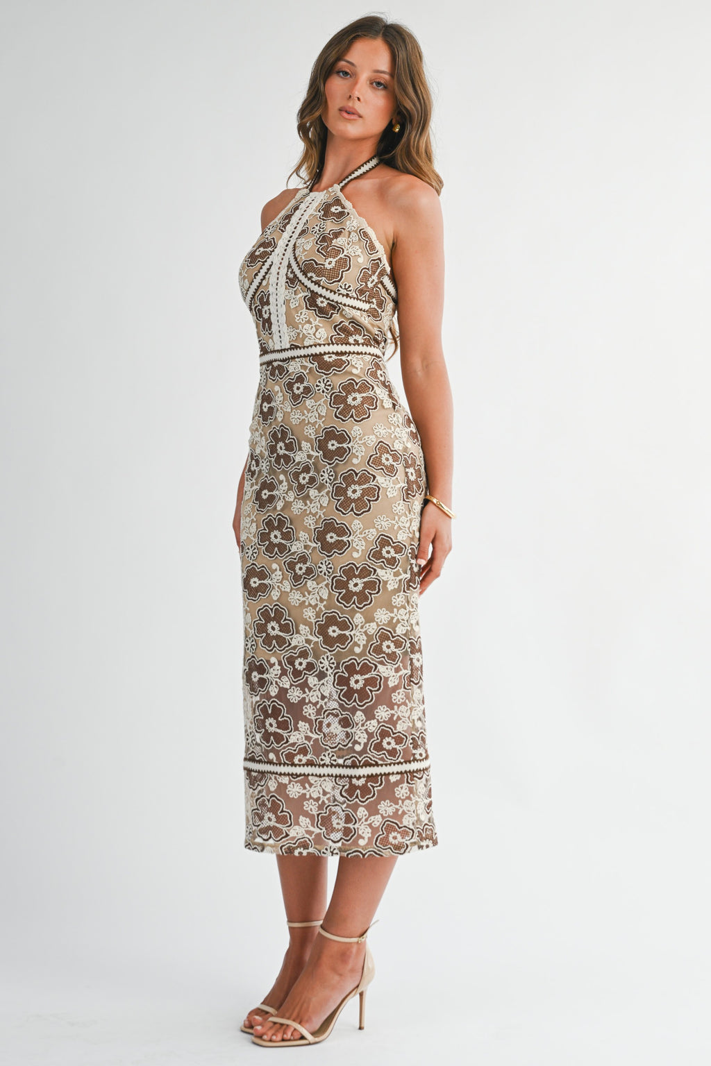 EMBROIDERED HALTER NECK MIDI DRESS