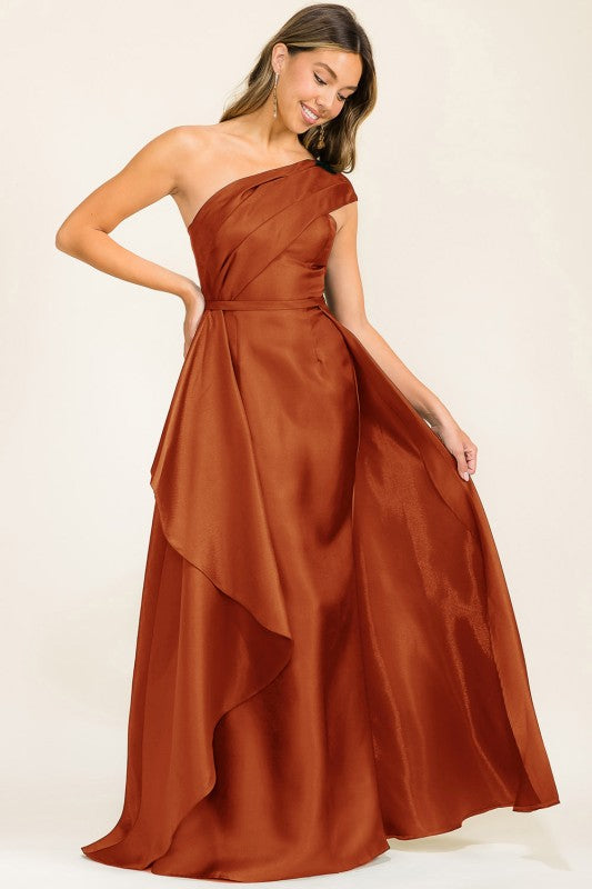 RUST ONE SHOULDER LAYOVER GOWN