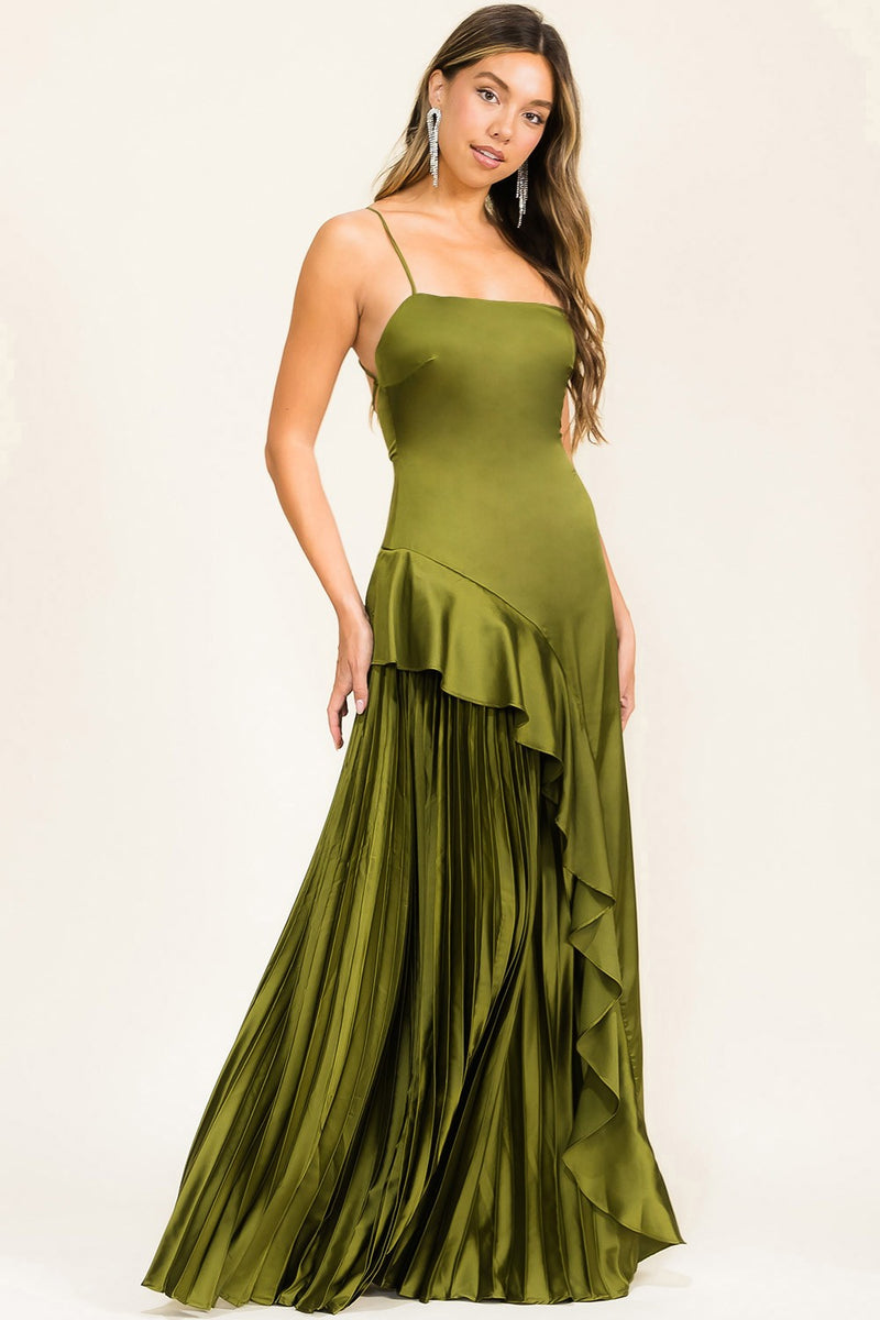 ASSYMETRICAL RUFFLE OLIVE GOWN