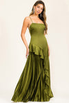 ASSYMETRICAL RUFFLE OLIVE GOWN