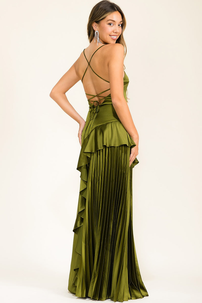 ASSYMETRICAL RUFFLE OLIVE GOWN