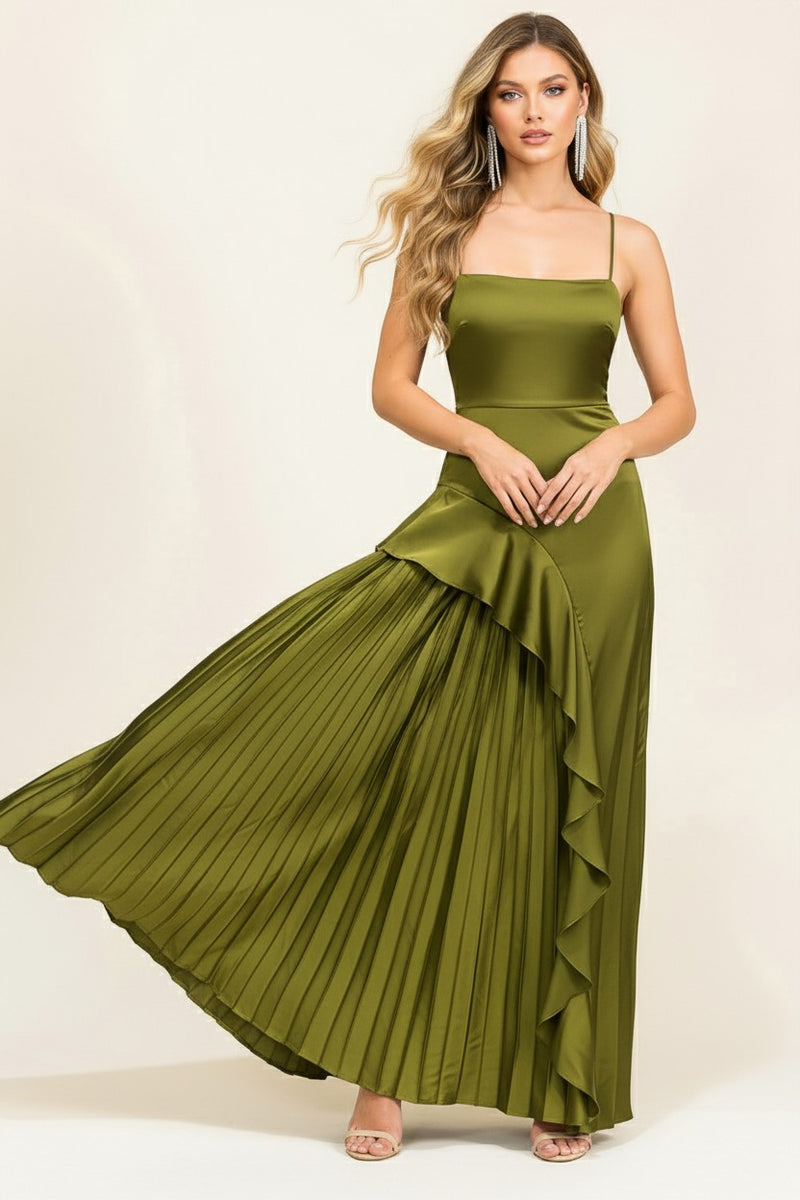 ASSYMETRICAL RUFFLE OLIVE GOWN