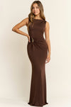 BOAT NECK GOLD BUCKLE STRETCH KNIT MAXI DRESS