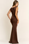 BOAT NECK GOLD BUCKLE STRETCH KNIT MAXI DRESS