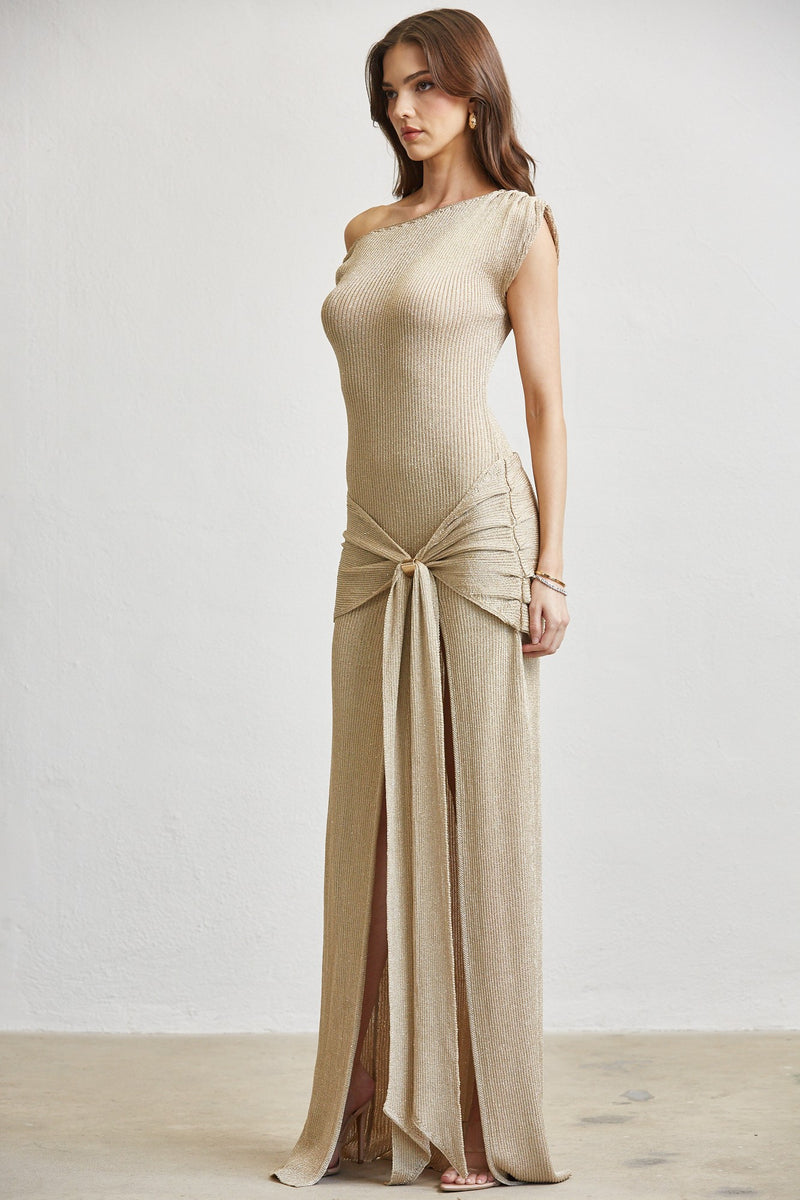 GOLD KNIT ONE SHOULDER WRAP DRESS