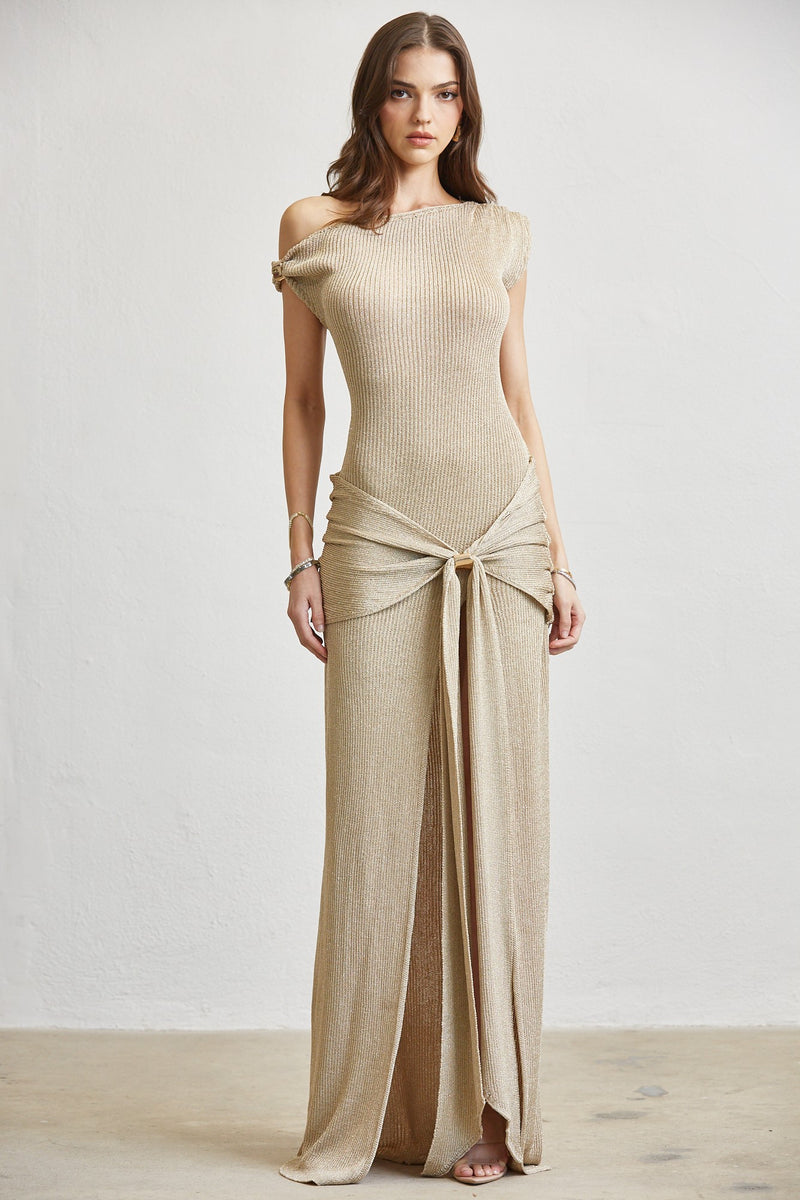 GOLD KNIT ONE SHOULDER WRAP DRESS