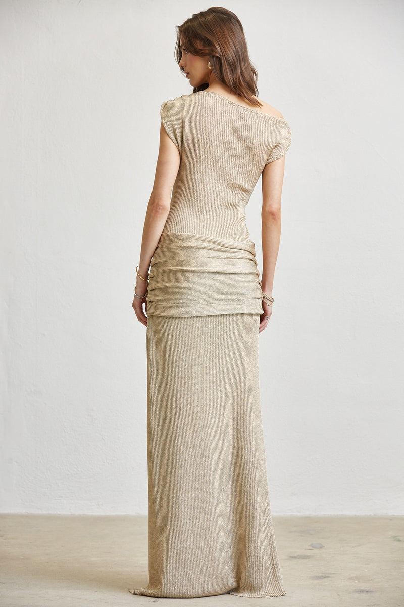 GOLD KNIT ONE SHOULDER WRAP DRESS