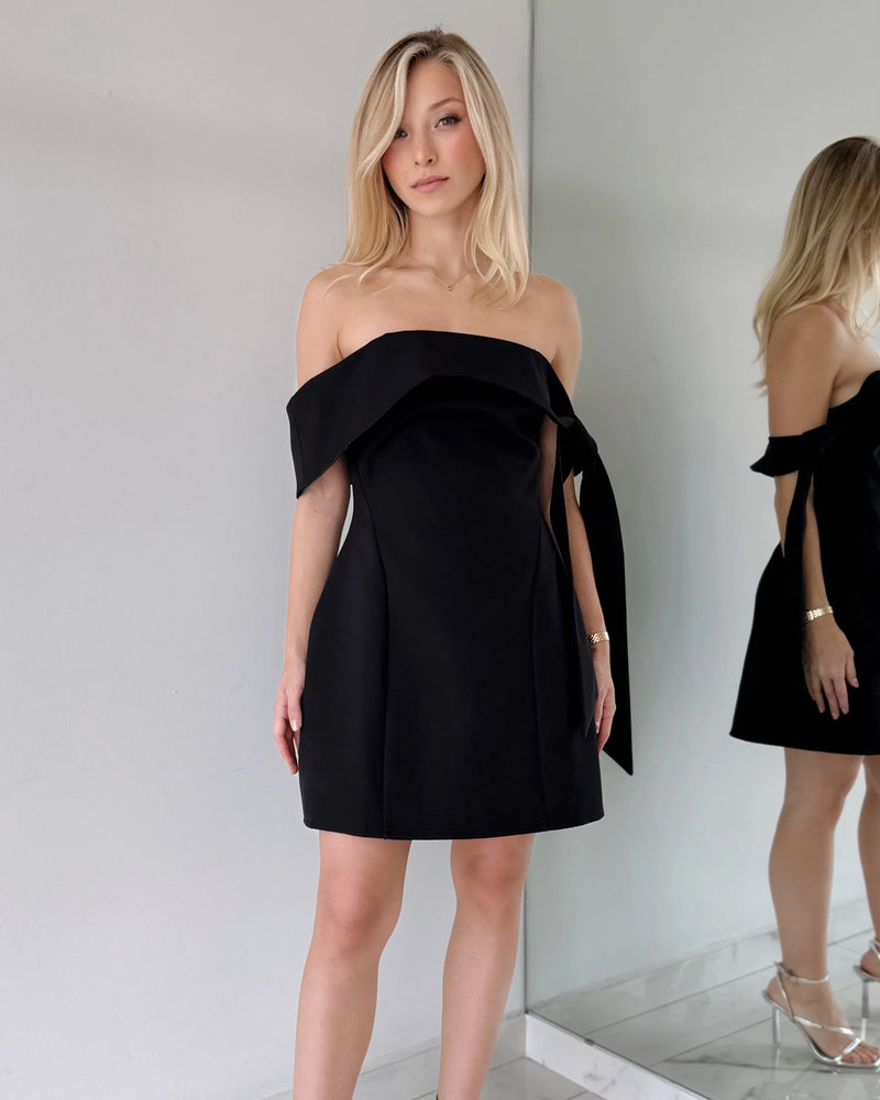 BLACK OFF SHOULDER MINI DRESS