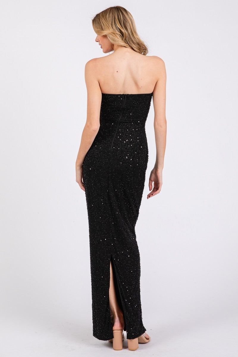 EMBELLISHED BLACK STRAPLESS MAXI