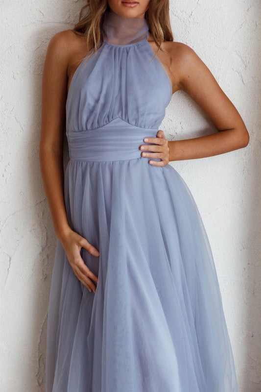 BLUE HALTERNECK TULLE DRESS