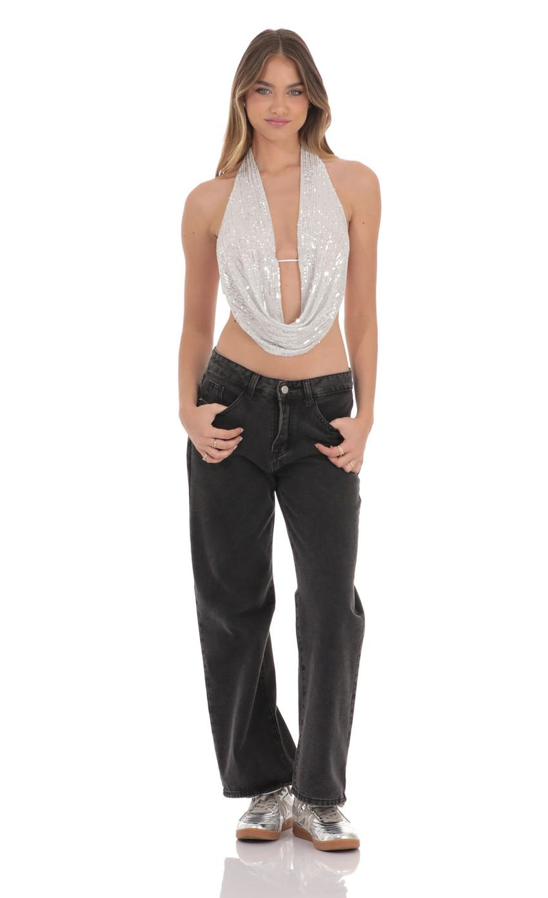 SEQUIN PLUNGE TOP IN SILVER