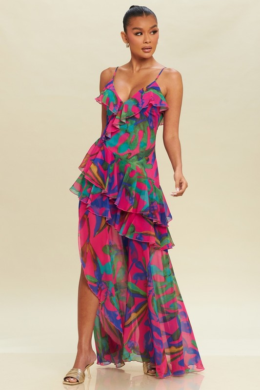PALM RUFFLE CHIFFON MAXI