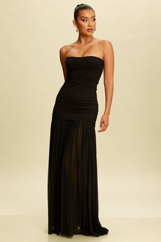 BLACK TUBE SHIRRED CHIFFON MAXI