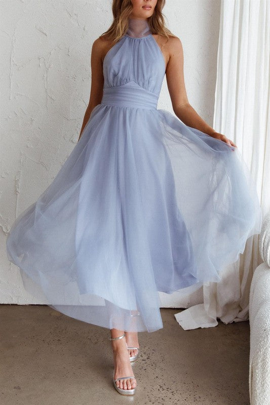 BLUE HALTERNECK TULLE DRESS