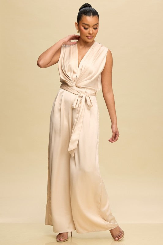 CHAMPAGNE SATIN TIE JUMPSUIT