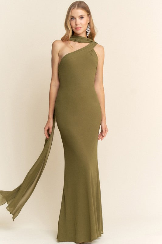 OLIVE GEORGETTE SCARF DRESS