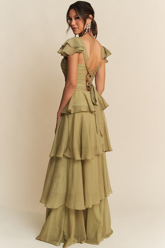 RUFFLED SLEEVE LONG DRESS