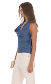 BLUE SATIN COWL TOP