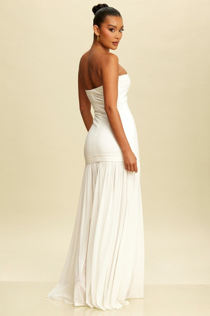 WHITE TUBE SHIRRED CHIFFON DRESS