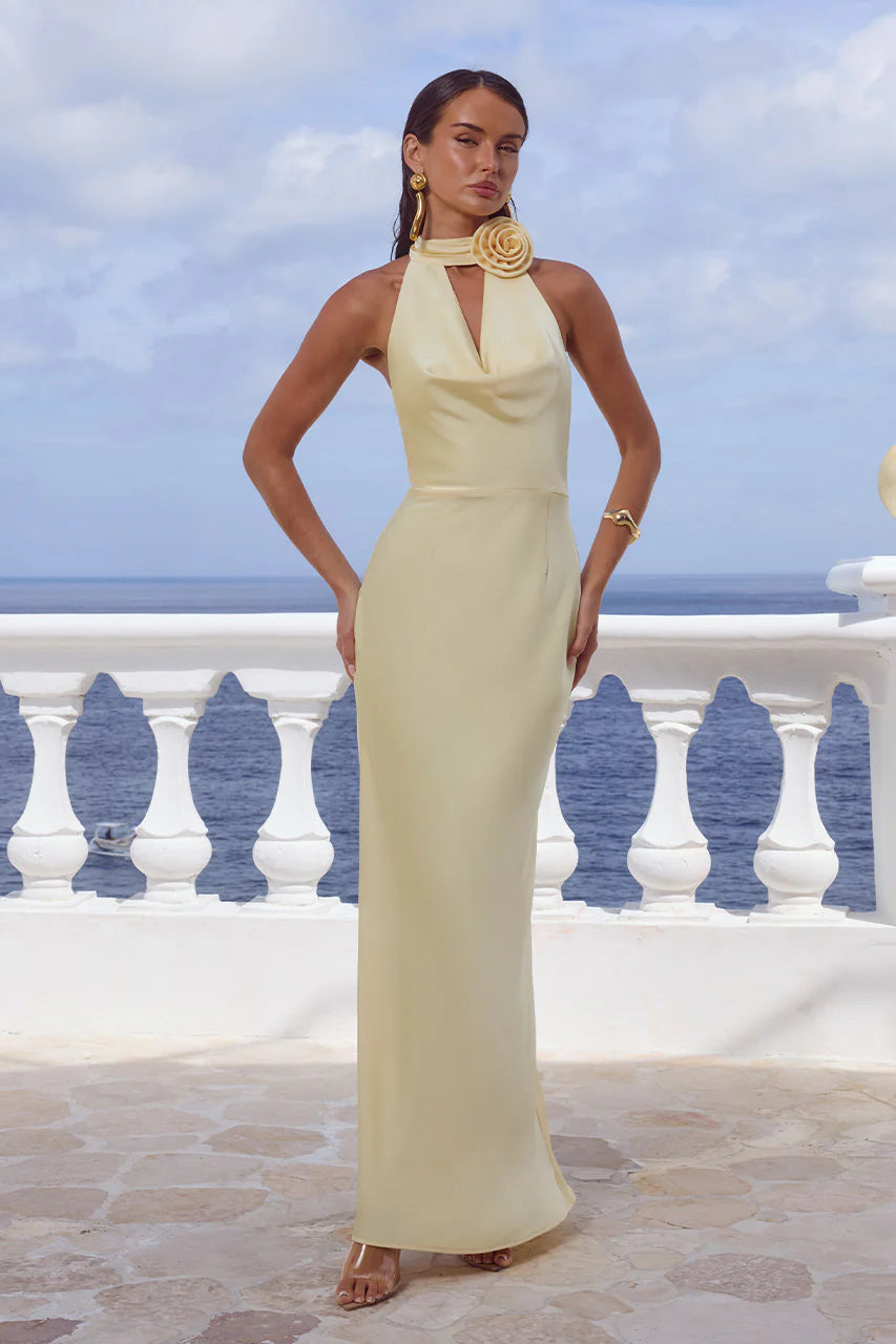 BUTTERMILK ESTELLE COWL HALTER MAXI DRESS
