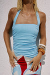 AMORE RED RUCHED HALTER MIDI