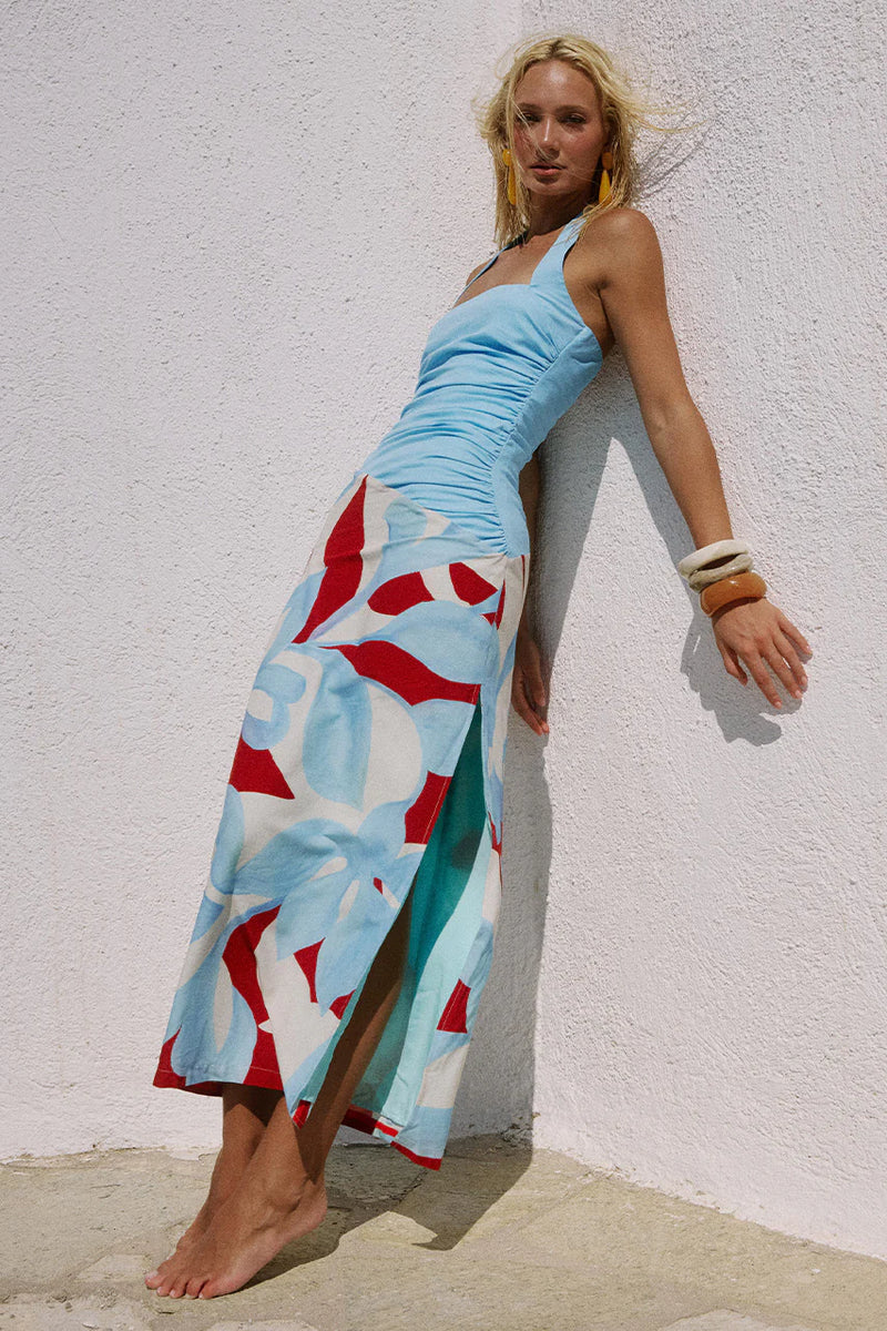 AMORE RED RUCHED HALTER MIDI