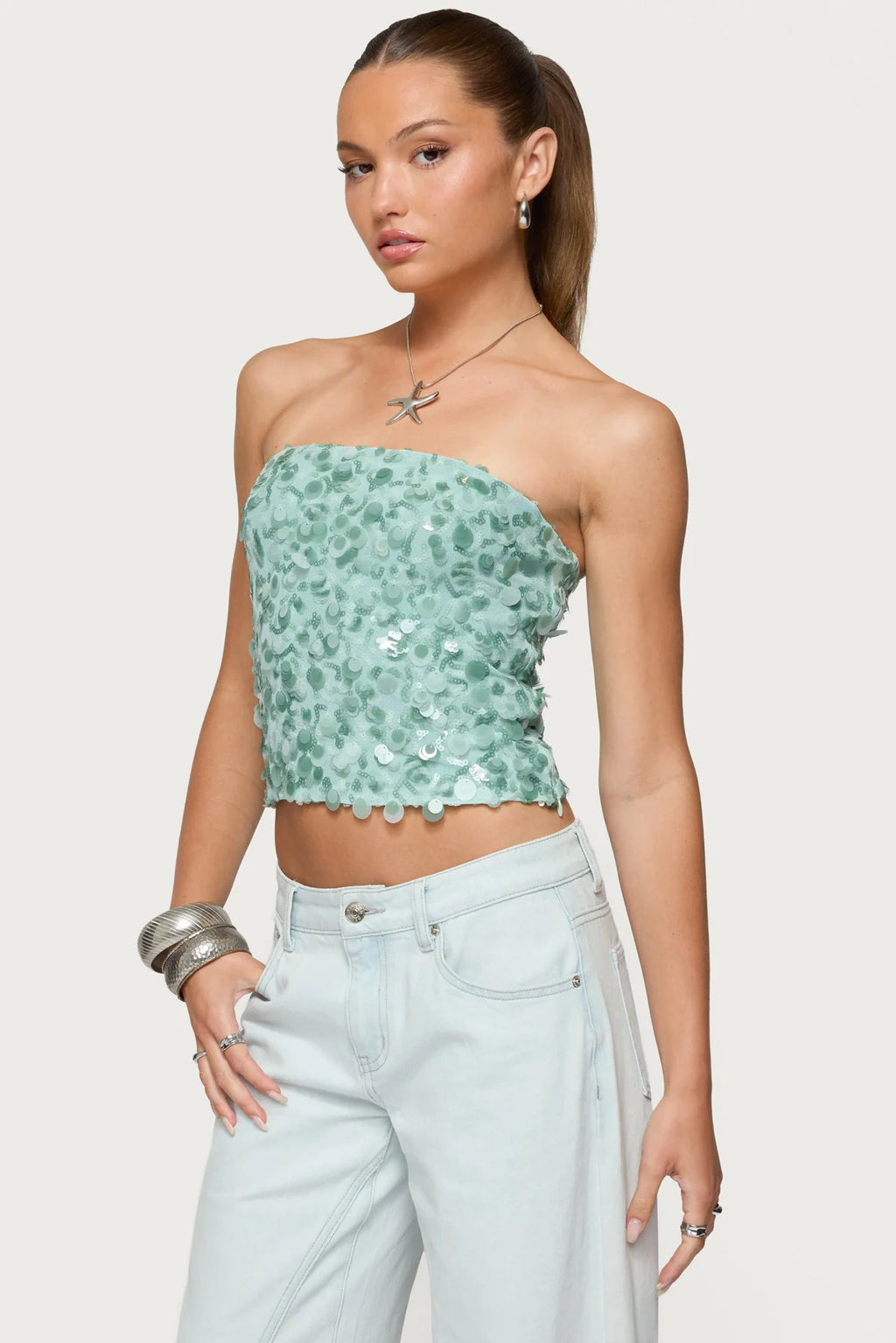 SAGE SEQUIN STRAPLESS TOP