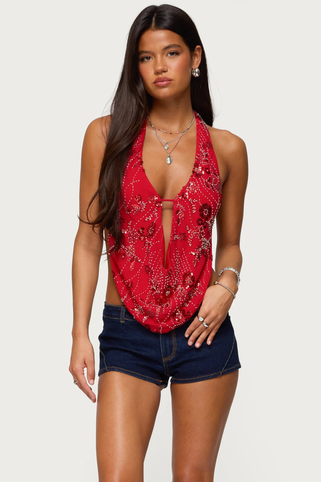 RED BEADED COWL NECK TOP