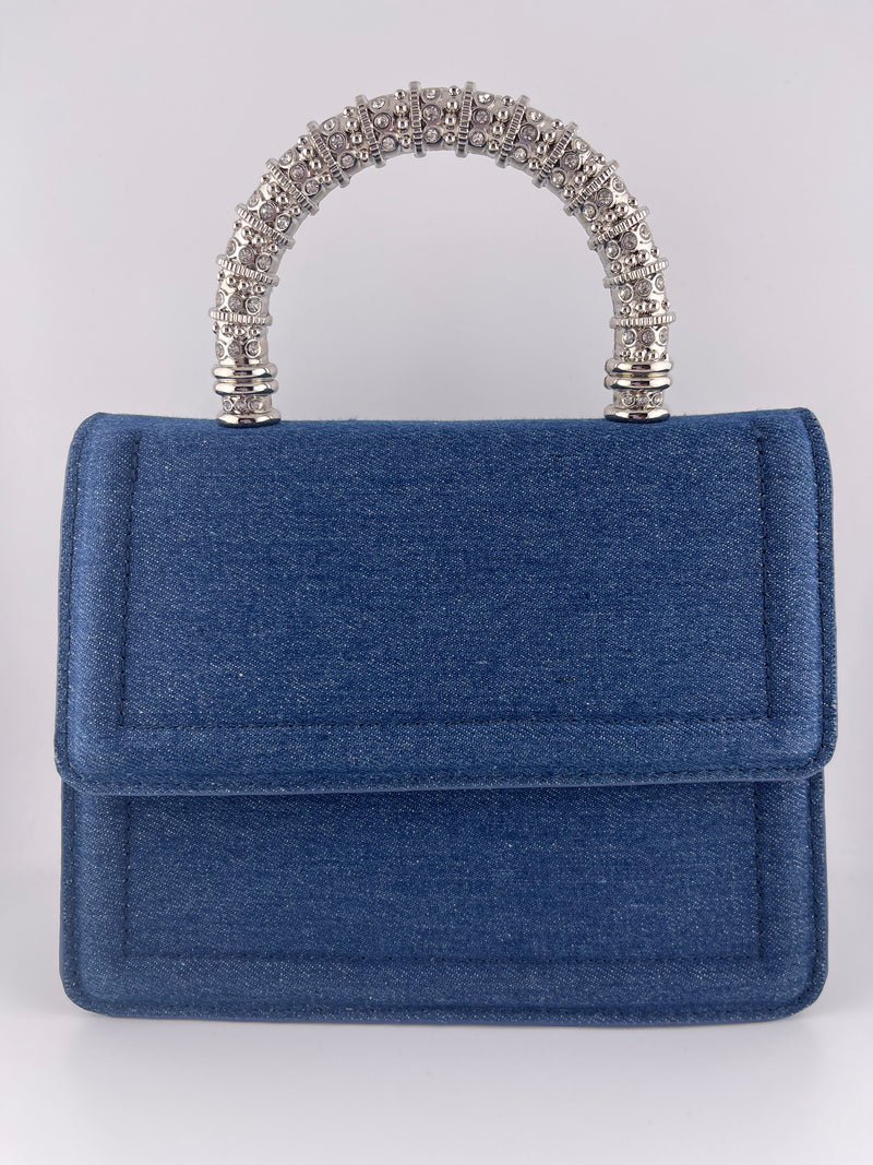 DENIM SILVER HANDLE CLUTCH