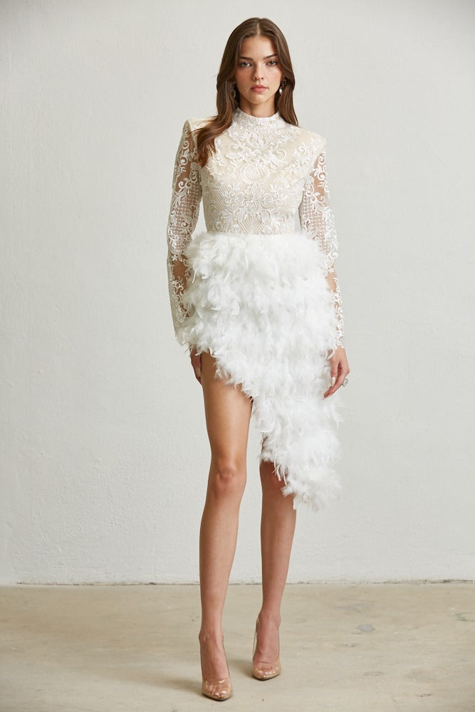 LACE FEATHER ASSYMETRIC DRESS