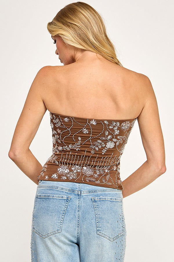 FLORAL BEADED STRAPLESS TOPS