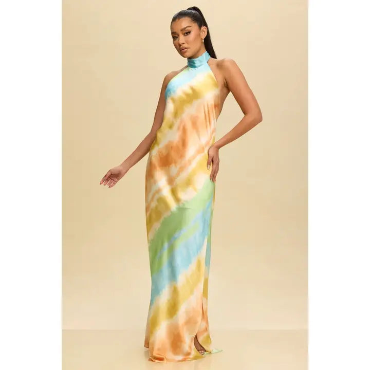 MULTI HIGH NECK SATIN MAXI