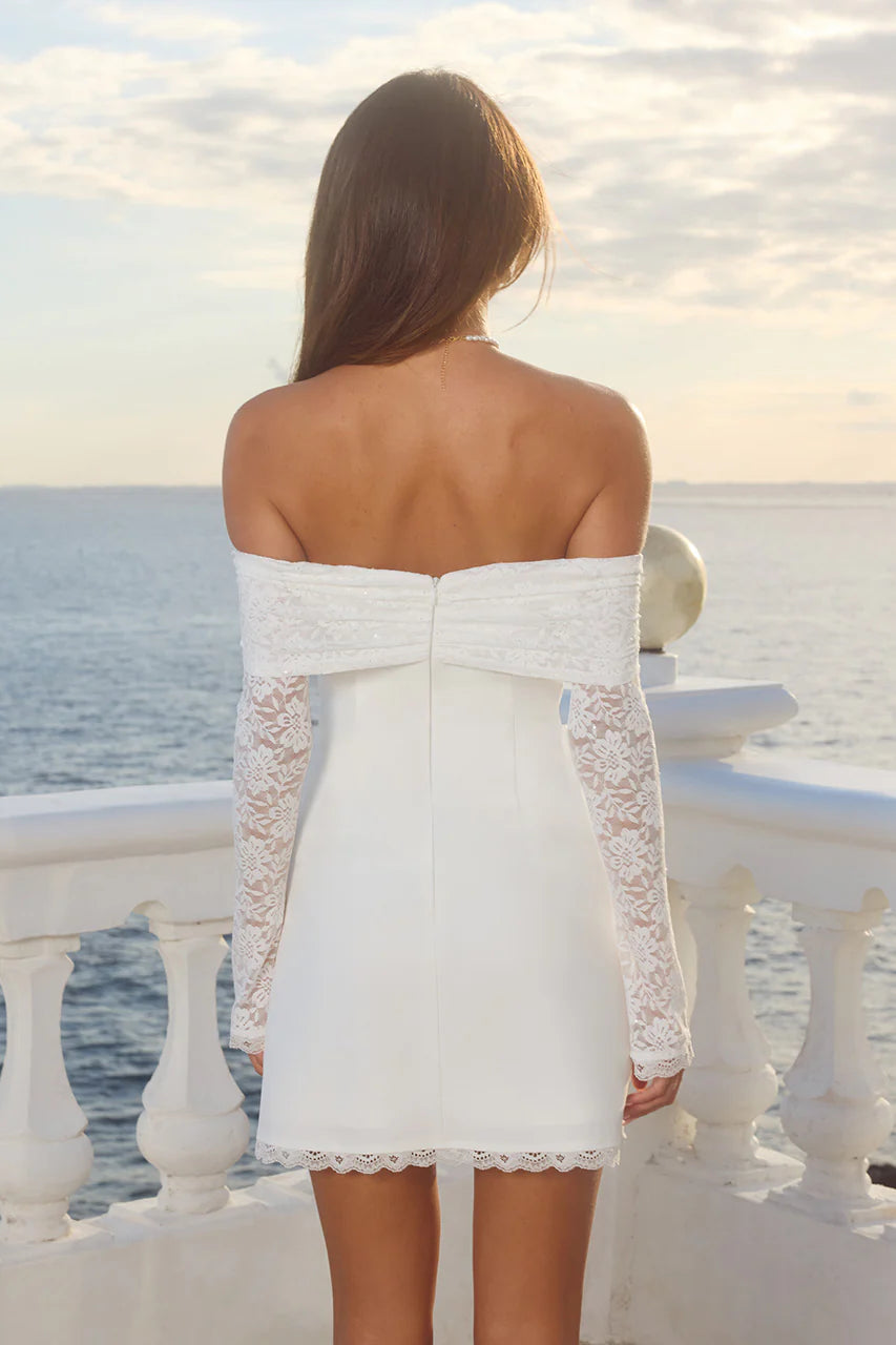 LEONA LACE LONG SLEEVE MINI DRESS - WHITE