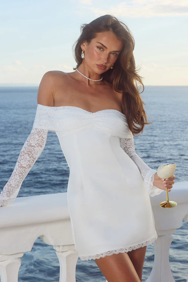 LEONA LACE LONG SLEEVE MINI DRESS - WHITE