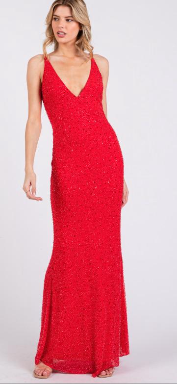 RED MESH BEADED LONG MAXI