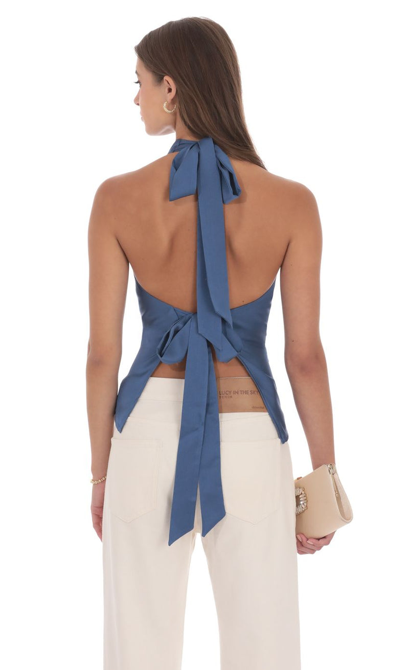 BLUE SATIN COWL TOP
