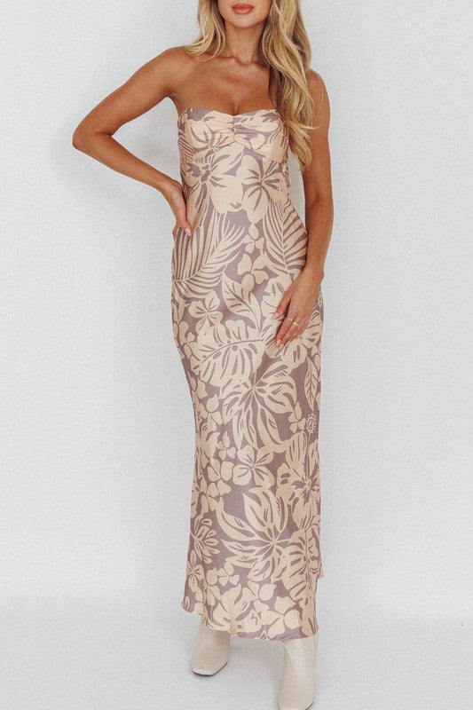 BEIGE STRAPLESS COWL BACK FLORAL MIDI