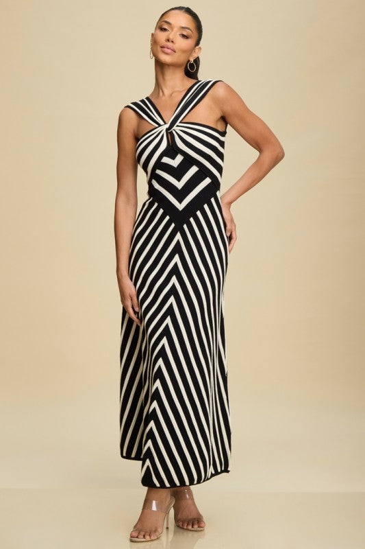 STRIPED KNIT MIDI DRESS