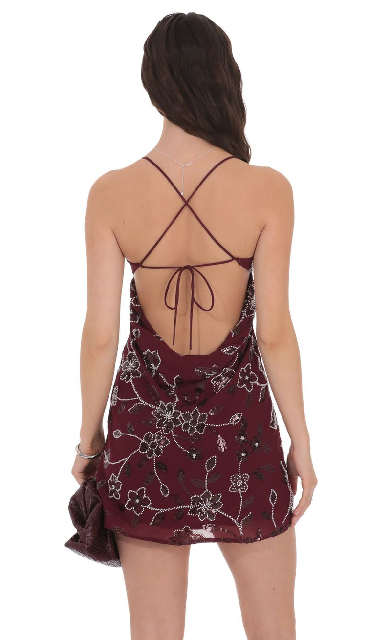 FLORAL BURGUNDY BEADED MINI DRESS