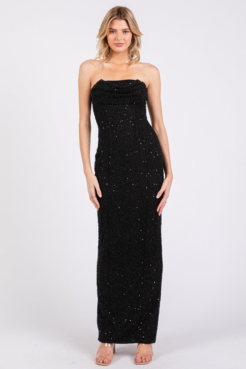 EMBELLISHED BLACK STRAPLESS MAXI