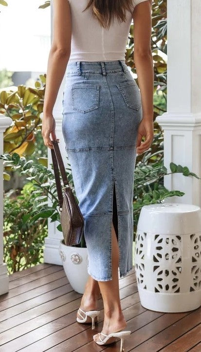 LIGHT WASH DENIM MIDI SKIRT