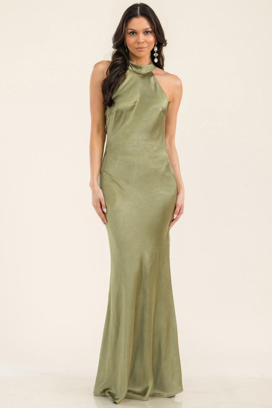 OLIVE HALTER SATIN GIWN