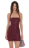 RUCHED FOIL HALTER BURGUNDY