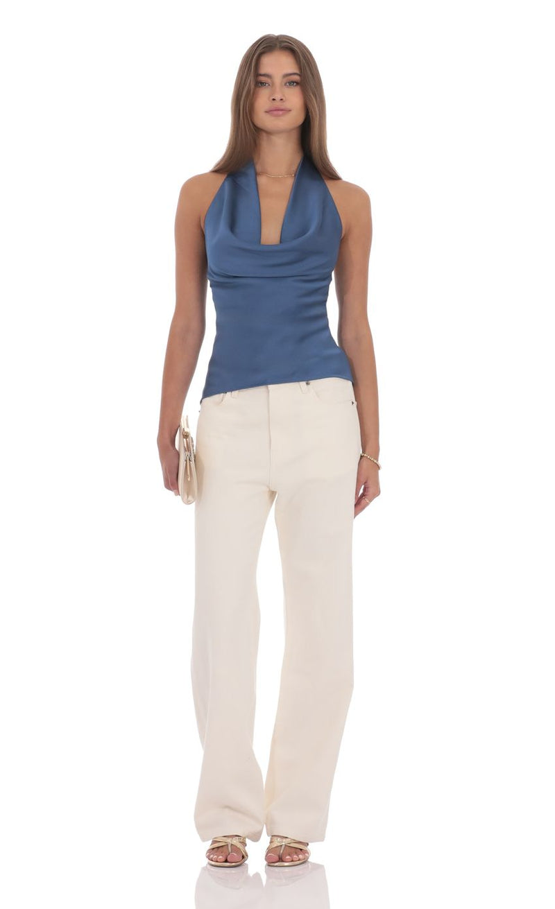 BLUE SATIN COWL TOP