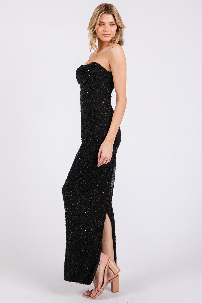EMBELLISHED BLACK STRAPLESS MAXI