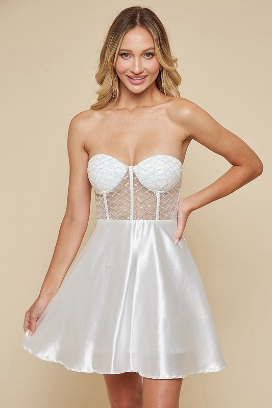 WHITE SEQUIN CORSET FLOWY MINI DRESS